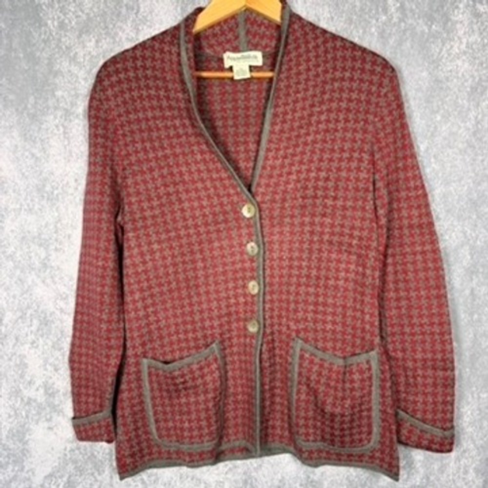 Appleseed's Cardigan Sweater Womens PM Red Grey Houndstooth Wool Blend Pockets